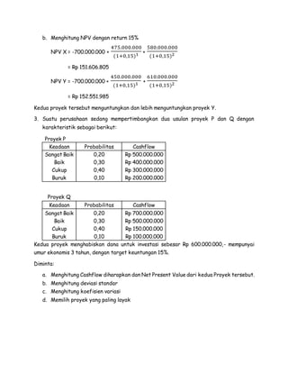 b. Menghitung NPV dengan return 15% 
NPV X = -700.000.000 + 
475.000.000 
(1+0,15)1 + 
580.000.000 
(1+0,15)2 
= Rp 151.606.805 
NPV Y = -700.000.000 + 
450.000.000 
(1+0,15)1 + 
610.000.000 
(1+0,15)2 
= Rp 152.551.985 
Kedua proyek tersebut menguntungkan dan lebih menguntungkan proyek Y. 
3. Suatu perusahaan sedang mempertimbangkan dua usulan proyek P dan Q dengan 
karakteristik sebagai berikut: 
Proyek P 
Keadaan Probabilitas Cashflow 
Sangat Baik 0,20 Rp 500.000.000 
Baik 0,30 Rp 400.000.000 
Cukup 0,40 Rp 300.000.000 
Buruk 0,10 Rp 200.000.000 
Proyek Q 
Keadaan Probabilitas Cashflow 
Sangat Baik 0,20 Rp 700.000.000 
Baik 0,30 Rp 500.000.000 
Cukup 0,40 Rp 150.000.000 
Buruk 0,10 Rp 100.000.000 
Kedua proyek menghabiskan dana untuk investasi sebesar Rp 600.000.000,- mempunyai 
umur ekonomis 3 tahun, dengan target keuntungan 15%. 
Diminta: 
a. Menghitung Cashflow diharapkan dan Net Present Value dari kedua Proyek tersebut. 
b. Menghitung deviasi standar 
c. Menghitung koefisien variasi 
d. Memilih proyek yang paling layak 
 