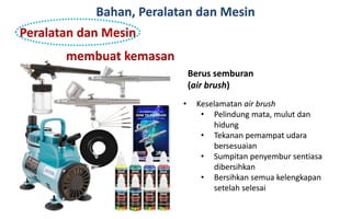 Bahan, Peralatan dan Mesin
Peralatan dan Mesin
membuat kemasan
Berus semburan
(air brush)
• Keselamatan air brush
• Pelindung mata, mulut dan
hidung
• Tekanan pemampat udara
bersesuaian
• Sumpitan penyembur sentiasa
dibersihkan
• Bersihkan semua kelengkapan
setelah selesai
 
