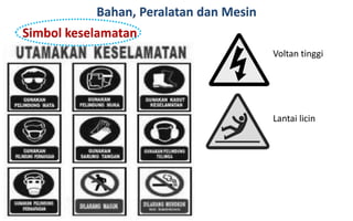 Bahan, Peralatan dan Mesin
Simbol keselamatan
Voltan tinggi
Lantai licin
 