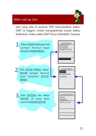 Men~set up Jam
Jam yang ada di receiver GPS menunjukkan waktu
GMT di Inggris. Untuk mengubahnya sesuai waktu
Indonesia, maka waktu GMT harus ditambah. Caranya
Tekan PAGE beberapa kali
sampai muncul layar
berjudul MAIN MENU.
Pilih SETUP MENU, tekan
ENTER sampai muncul
layar berjudul SETUP
MENU.
1.
2.
Pilih SYSTEM lalu tekan
ENTER. Di layar akan
muncul SYSTEM SETUP.
3.
MAIN MENU
WAYPOINT
WAYPOINT
NEAREST WPTS
SETUP MENU
SISTEM
NAVIGATION
ALARMS
SYSTEM SETUP
MODE :
NORMAL
DATE 20 JULY
21
 