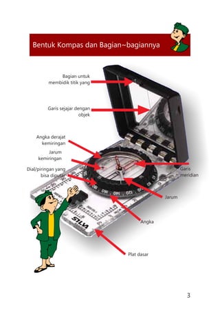 Bentuk Kompas dan Bagian~bagiannya
Bagian untuk
membidik titik yang
Garis sejajar dengan
objek
Dial/piringan yang
bisa diputar
Plat dasar
Jarum
kemiringan
Angka derajat
kemiringan
Jarum
Garis
meridian
Angka
3
 