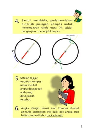 Setelah sejajar,
turunkan kompas
untuk melihat
angka derajat dari
arah yang
ditunjukkan
tersebut.
5.
Angka derajat sesuai arah kompas disebut
azimuth, sedangkan titik balik dari angka arah
bidik kompas disebut back azimuth.
6.
Sambil membidik, perlahan~lahan
putarlah piringan kompas untuk
menempatkan tanda utara (N) sejajar
dengan jarum penunjuk kompas.
4.
N
N
Back Azimuth
5
 