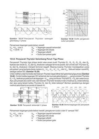 287
Persamaan tegangan pada beban resistif,
Udα
=Udo
· cos α Uda
= Tegangan searah terkendali
Udo
= 0,676 · U Udo
= Tegangan DC Diode
U = Tegangan efektif
α = Sudut penyalaan gate
10.8.4 Penyearah Thyristor Gelombang Penuh Tiga Phasa
Penyearah Thyristor tiga phasa terdiri atas enam buah Thyristor Q1
, Q2
, Q3
, Q4
, Q5
, dan Q6
.
Katoda dari diode Q1
, Q3
dan Q5
disatukan sebagai terminal positif, dan anode dari Thyristor Q4
,
Q6
dan Q2
disatukan menjadi terminal negatif. Masing-masing Thyristor mendapatkan pulsa
penyalaan yang berbeda-beda melalui UG1
, UG2
, UG3
, UG4
, UG5
, dan UG6
. Sebuah beban resistif RL
sebagai beban DC (Gambar 10.39).
UntukmelihaturutankonduksidarikeenamThyristordapatdilihatdarigelombangtigaphasa(Gambar
10.40). Contoh ketika tegangan DC terbentuk dari puncak gelombang UL1L2
yang konduksi Thyristor
Q1
+ Q6
, berikutnya pada puncak tegangan –UL3L1
yang konduksi Thyristor Q1
+ Q2
dan seterusnya.
Apa yang terjadi jika salah satu dari keenam Thyristor tersebut mati (misalnya Q1
) tidak bekerja,
dan apa yang terjadi ketika Thyristor Q1
dan Q3
tidak bekerja? Berikan jawabannya dengan
melihat gelombang sinusoida di bawah ini.
Persamaan tegangan pada beban resistif, pengaturan sudut α dari 0° sampai 150°.
Udα
=Udo
· cos α Uda
= Tegangan searah terkendali
Udo
= 1,35 · U Udo
= Tegangan DC diode
U = Tegangan efektif
α = Sudut penyalaan gate
Gambar 10.37 Penyearah Thyristor setengah
gelombang 3 phasa
Gambar 10.38 Grafik pengaturan
sudut penyalaan
Gambar 10.39 Penyearah terkendali 3 phasa Gambar 10.40 Bentuk tegangan DC penyearah
3 phasa
 