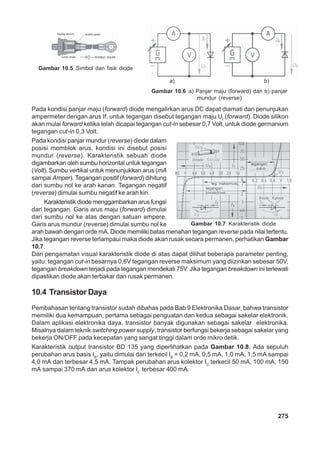 275
Pada kondisi panjar maju (forward) diode mengalirkan arus DC dapat diamati dari penunjukan
ampermeter dengan arus If, untuk tegangan disebut tegangan maju Uf
(forward). Diode silikon
akan mulai forward ketika telah dicapai tegangan cut-in sebesar 0,7 Volt, untuk diode germanium
tegangan cut-in 0,3 Volt.
Pada kondisi panjar mundur (reverse) diode dalam
posisi memblok arus, kondisi ini disebut posisi
mundur (reverse). Karakteristik sebuah diode
digambarkan oleh sumbu horizontal untuk tegangan
(Volt). Sumbu vertikal untuk menunjukkan arus (mA
sampai Amper). Tegangan positif (forward) dihitung
dari sumbu nol ke arah kanan. Tegangan negatif
(reverse) dimulai sumbu negatif ke arah kiri.
Karakteristik diode menggambarkan arus fungsi
dari tegangan. Garis arus maju (forward) dimulai
dari sumbu nol ke atas dengan satuan ampere.
Garis arus mundur (reverse) dimulai sumbu nol ke
arah bawah dengan orde mA. Diode memiliki batas menahan tegangan reverse pada nilai tertentu.
Jika tegangan reverse terlampaui maka diode akan rusak secara permanen, perhatikan Gambar
10.7.
Dari pengamatan visual karakteristik diode di atas dapat dilihat beberapa parameter penting,
yaitu: tegangan cut-in besarnya 0,6V tegangan reverse maksimum yang diizinkan sebesar 50V,
tegangan breakdown terjadi pada tegangan mendekati 75V. Jika tegangan breakdown ini terlewati
dipastikan diode akan terbakar dan rusak permanen.
10.4 Transistor Daya
Pembahasan tentang transistor sudah dibahas pada Bab 9 Elektronika Dasar, bahwa transistor
memiliki dua kemampuan, pertama sebagai penguatan dan kedua sebagai sakelar elektronik.
Dalam aplikasi elektronika daya, transistor banyak digunakan sebagai sakelar elektronika.
Misalnya dalam teknik switching power supply, transistor berfungsi bekerja sebagai sakelar yang
bekerja ON/OFF pada kecepatan yang sangat tinggi dalam orde mikro detik.
Karakteristik output transistor BD 135 yang diperlihatkan pada Gambar 10.8. Ada sepuluh
perubahan arus basis IB
, yaitu dimulai dari terkecil IB
= 0,2 mA, 0,5 mA, 1,0 mA, 1,5 mA sampai
4,0 mA dan terbesar 4,5 mA. Tampak perubahan arus kolektor IC
terkecil 50 mA, 100 mA, 150
mA sampai 370 mA dan arus kolektor IC
terbesar 400 mA.
Gambar 10.5 Simbol dan fisik diode
Simbol diode
a) b)
Gambar 10.6 a) Panjar maju (forward) dan b) panjar
mundur (reverse)
Gambar 10.7 Karakteristik diode
 