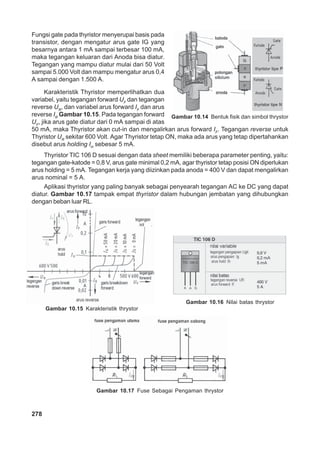 278
Fungsi gate pada thyristor menyerupai basis pada
transistor, dengan mengatur arus gate IG yang
besarnya antara 1 mA sampai terbesar 100 mA,
maka tegangan keluaran dari Anoda bisa diatur.
Tegangan yang mampu diatur mulai dari 50 Volt
sampai 5.000 Volt dan mampu mengatur arus 0,4
A sampai dengan 1.500 A.
Karakteristik Thyristor memperlihatkan dua
variabel, yaitu tegangan forward UF
dan tegangan
reverse UR
, dan variabel arus forward IF
dan arus
reverse IR
Gambar 10.15. Pada tegangan forward
UF
, jika arus gate diatur dari 0 mA sampai di atas
50 mA, maka Thyristor akan cut-in dan mengalirkan arus forward IF
. Tegangan reverse untuk
Thyristor UR
sekitar 600 Volt. Agar Thyristor tetap ON, maka ada arus yang tetap dipertahankan
disebut arus holding IH
sebesar 5 mA.
Thyristor TIC 106 D sesuai dengan data sheet memiliki beberapa parameter penting, yaitu:
tegangan gate-katode = 0,8 V, arus gate minimal 0,2 mA, agar thyristor tetap posisi ON diperlukan
arus holding = 5 mA. Tegangan kerja yang diizinkan pada anoda = 400 V dan dapat mengalirkan
arus nominal = 5 A.
Aplikasi thyristor yang paling banyak sebagai penyearah tegangan AC ke DC yang dapat
diatur. Gambar 10.17 tampak empat thyristor dalam hubungan jembatan yang dihubungkan
dengan beban luar RL.
Gambar 10.14 Bentuk fisik dan simbol thrystor
Gambar 10.15 Karakteristik thrystor
Gambar 10.16 Nilai batas thrystor
Gambar 10.17 Fuse Sebagai Pengaman thrystor
 