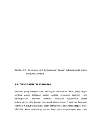 Gambar X.3: Cekungan yang berhubungan dengan subduksi pada sistem
subduksi Sumatra
X.4. TEKNIK ANALISA CEKUNGAN
Sedimen yang mengisi suatu cekungan merupakan faktor yang sangat
penting untuk dipelajari dalam analisa cekungan sedimen yang
bersangkutan. Sedimen tersebut dipelajari bagaimana proses
terbentuknya, sifat batuan dan aspek ekonominya. Proses pembentukan
sedimen meliputi pelapukan, erosi, transportasi dan pengendapan, sifat-
sifat fisik, kimia dan biologi batuan; lingkungan pengendapan, dan posisi
 