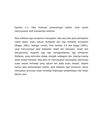 Gambar X.7. Peta litofasies perbandingan klastik. Arah panah
menunjukkan arah transportasi sedimen.
Peta litofasies tiga komponen menyajikan rata-rata atau pola kelimpahan
relatif dalam suatu satuan stratigrafi dari tiga litofasies komponen
(Boggs, 2001). Sebagai contoh, lihat Gambar X.8 dari Boggs (2001),
yang menunjukkan peta ketebalan relatif dari batupasir, serpih dan
batugamping. Diagram segi tiga menggambarkan tiga komponen
litofasies, yang kemudian dibagi menjadi subbagian dan masing-masing
diberi simbol berbeda. Peta jenis ini menunjukkan kelimpahan (dominasi)
suatu satuan terhadap yang satuan lain pada suatu tempat. Seperti
halnya peta perbandingan klastik, peta litofasies tiga komponen hanya
merupakan penunjuk kasar terhadap lingkungan pengendapan dan lokasi
batuan asal.
 