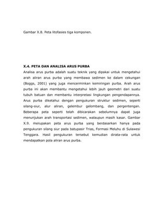 Gambar X.8. Peta litofasies tiga komponen.
X.4. PETA DAN ANALISA ARUS PURBA
Analisa arus purba adalah suatu teknik yang dipakai untuk mengetahui
arah aliran arus purba yang membawa sedimen ke dalam cekungan
(Boggs, 2001) yang juga mencerminkan kemiringan purba. Arah arus
purba ini akan membantu mengetahui lebih jauh geometri dari suatu
tubuh batuan dan membantu interpretasi lingkungan pengendapannya.
Arus purba diketahui dengan pengukuran struktur sedimen, seperti
silang-siur, alur aliran, gelembur gelombang, dan pergentengan.
Beberapa peta seperti telah dibicarakan sebelumnya dapat juga
menunjukan arah transportasi sedimen, walaupun masih kasar. Gambar
X.9. merupakan peta arus purba yang berdasarkan hanya pada
pengukuran silang siur pada batupasir Trias, Formasi Meluhu di Sulawesi
Tenggara. Hasil pengukuran tersebut kemudian dirata-rata untuk
mendapatkan pola aliran arus purba.
 