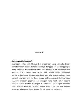 Gambar X.1:
Aulakogen (Aulacogen)
Aulakogen adalah jenis khusus dari renggangan yang menyudut besar
terhadap tepian benua, dimana umumnya dianggap sebagai renggangan
tetapi gagal dan kemudian diaktifkan kembali selama tektonik konvergen
(Gambar X.1C). Palung yang sempit tapi panjang dapat menggapai
sampai kraton benua dengan sudut besar dari lajur sesar. Sedimen yang
mengisi cekungan jenis ini dapat berupa sedimen darat (misalnya kipas
aluvium), endapan paparan, dan endapan yang lebih dalam seperti
endapan turbit. Contoh aulakogen di antaranya Renggangan Reelfoot
yang berumur Paleozoik dimana Sungai Misisipi mengalir dan Palung
Benue yang berumur Kapur dimana Sungai Niger membelahnya.
 