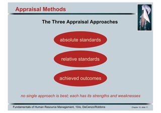 Fundamentals of Human Resource Management, 10/e, DeCenzo/Robbins Chapter 10, slide 11
Appraisal Methods
The Three Appraisal Approaches
no single approach is best; each has its strengths and weaknesses
absolute standards
relative standards
achieved outcomes
 