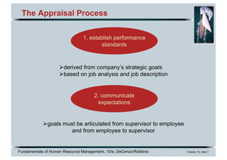 Fundamentals of Human Resource Management, 10/e, DeCenzo/Robbins Chapter 10, slide 7
The Appraisal Process
1. establish performance
standards
2. communicate
expectations
Øgoals must be articulated from supervisor to employee
and from employee to supervisor
Øderived from company’s strategic goals
Øbased on job analysis and job description
 