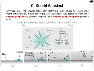 C. Koloid Asosiasi 
Berbagai jenis zat, seperti sabun dan detergen, larut dalam air tetapi tidak 
membentuk larutan, melainkan koloid. Molekul sabun atau detergen terdiri atas 
bagian yang polar (disebut kepala) dan bagian yang nonpolar (disebut 
ekor). 
