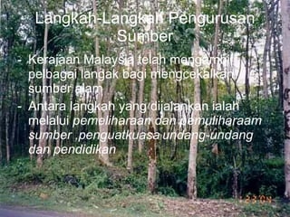 Langkah-Langkah Pengurusan Sumber Kerajaan Malaysia telah mengambil pelbagai langak bagi mengcekalkan sumber alam Antara langkah yang dijalankan ialah melalui  pemeliharaan dan pemuliharaam sumber ,penguatkuasa undang-undang dan pendidikan 