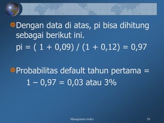 Manajemen risiko 30
Dengan data di atas, pi bisa dihitung
sebagai berikut ini.
pi = ( 1 + 0,09) / (1 + 0,12) = 0,97
Probabilitas default tahun pertama =
1 – 0,97 = 0,03 atau 3%
 