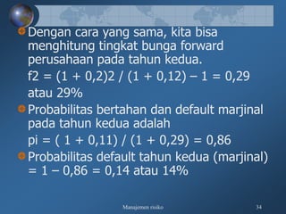 Manajemen risiko 34
Dengan cara yang sama, kita bisa
menghitung tingkat bunga forward
perusahaan pada tahun kedua.
f2 = (1 + 0,2)2 / (1 + 0,12) – 1 = 0,29
atau 29%
Probabilitas bertahan dan default marjinal
pada tahun kedua adalah
pi = ( 1 + 0,11) / (1 + 0,29) = 0,86
Probabilitas default tahun kedua (marjinal)
= 1 – 0,86 = 0,14 atau 14%
 