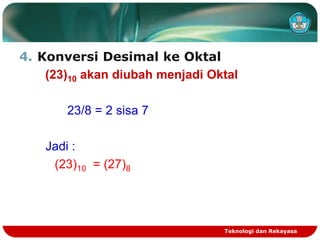 4. Konversi Desimal ke Oktal
(23)10 akan diubah menjadi Oktal
23/8 = 2 sisa 7
Jadi :
(23)10 = (27)8
Teknologi dan Rekayasa
 