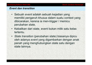 Developing Software Woth UML               Booch Jacobson Rumbaugh

  Event dan transition

     • Sebuah event adalah sebuah kejadian yang
       memiliki pengaruh khusus dalam suatu context yang
       dibicarakan, karena ia men-trigger / memicu
       perubahan state.
     • Kebalikan dari state, event bukan milik satu kelas
       tertentu.
     • State transition (perubahan state) biasanya dipicu
       oleh adanya event yang digambarkan dengan anak
       panah yang menghubungkan state satu dengan
       state lainnya.



Addison-Wesley
 