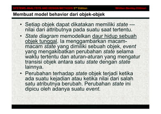 SYSTEMS ANALYSYS AND DESIGN METHODS 5TH Edition                           Whitten Bentley Dittman

Membuat model behavior dari objek-objek

      • Setiap objek dapat dikatakan memiliki state ---
        nilai dari attributnya pada suatu saat tertentu.
      • State diagram memodelkan daur hidup sebuah
        objek tunggal. Ia menggambarkan macam-
        macam state yang dimiliki sebuah objek, event
        yang mengakibatkan perubahan state selama
        waktu tertentu dan aturan-aturan yang mengatur
        transisi objek antara satu state dengan state
        lainnya.
      • Perubahan terhadap state objek terjadi ketika
        ada suatu kejadian atau ketika nilai dari salah
        satu atributnya berubah. Perubahan state ini
        dipicu oleh adanya suatu event.


Irwin/McGraw-Hill                        Copyrighth@2000 The Mcgraw-Hill Companies All Right reserved
 