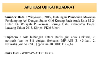 • Sumber Data : Widyawati, 2015, Hubungan Pemberian Makanan
Pendamping Asi Dengan Status Gizi Kurang Pada Anak Usia 12-24
Bulan Di Wilayah Puskesmas Lesung Batu Kabupaten Empat
Lawang Tahun 2015, Skripsi FKM Unsri.
• Hipotesa : Ada hubungan antara status gizi anak (1:kurus, 2:
normal) (var no 11) dengan frekuensi MP ASI (1: <3 kali, 2:
>=3kali) (var no 22/C1) (p value <0.0001; OR 6,6)
• Buka Data : WIDYAWATI 2015.sav
APLIKASI UJI KAI KUADRAT
 