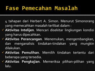 4 tahapan dari Herbert A. Simon. Menurut Simonorang yang memecahkan masalah terlibat dalam : Aktivitas   Intelijen . Mencari disekitar lingkungan kondisi yang harus dipecahkan. Aktivitas Perancangan . Menemukan, mengembangkan, dan menganalisis tindakan-tindakan yang mungkin dilakukan. Aktivitas Pemulihan . Memilih tindakan tertentu dari beberapa yang tersedia. Aktivitas Pengkajian . Memeriksa pilihan-pilihan yang lalu. 