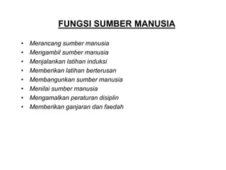 FUNGSI SUMBER MANUSIA
• Merancang sumber manusia
• Mengambil sumber manusia
• Menjalankan latihan induksi
• Memberikan latihan berterusan
• Membangunkan sumber manusia
• Menilai sumber manusia
• Mengamalkan peraturan disiplin
• Memberikan ganjaran dan faedah
 