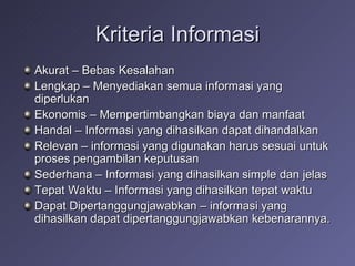 Kriteria Informasi Akurat – Bebas Kesalahan Lengkap – Menyediakan semua informasi yang diperlukan Ekonomis – Mempertimbangkan biaya dan manfaat  Handal – Informasi yang dihasilkan dapat dihandalkan Relevan – informasi yang digunakan harus sesuai untuk proses pengambilan keputusan Sederhana – Informasi yang dihasilkan simple dan jelas Tepat Waktu – Informasi yang dihasilkan tepat waktu Dapat Dipertanggungjawabkan – informasi yang dihasilkan dapat dipertanggungjawabkan kebenarannya. 