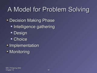 A Model for Problem Solving Decision Making Phase Intelligence gathering Design Choice Implementation Monitoring MIS 175 Spring 2002 Chapter 10 