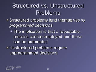 Structured vs. Unstructured Problems Structured problems lend themselves to  programmed decisions The implication is that a repeatable process can be employed and these can be automated Unstructured problems require unprogrammed decisions MIS 175 Spring 2002 Chapter 10 