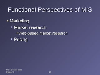 Functional Perspectives of MIS Marketing Market research Web-based market research Pricing MIS 175 Spring 2002 Chapter 10 