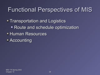 Functional Perspectives of MIS Transportation and Logistics Route and schedule optimization Human Resources Accounting MIS 175 Spring 2002 Chapter 10 