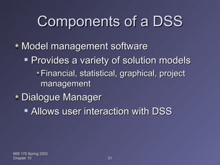 Components of a DSS Model management software Provides a variety of solution models Financial, statistical, graphical, project management Dialogue Manager Allows user interaction with DSS MIS 175 Spring 2002 Chapter 10 