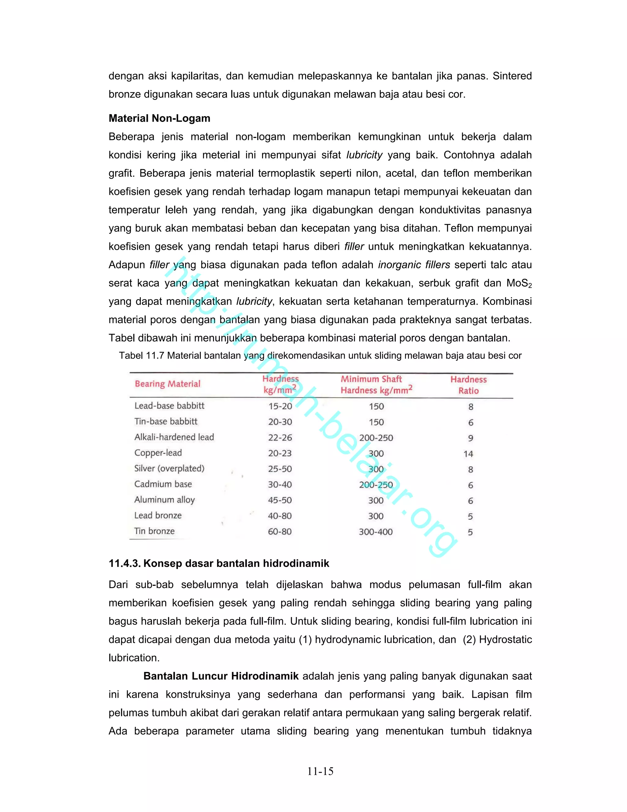 dengan aksi kapilaritas, dan kemudian melepaskannya ke bantalan jika panas. Sintered
bronze digunakan secara luas untuk digunakan melawan baja atau besi cor.

Material Non-Logam
Beberapa jenis material non-logam memberikan kemungkinan untuk bekerja dalam
kondisi kering jika meterial ini mempunyai sifat lubricity yang baik. Contohnya adalah
grafit. Beberapa jenis material termoplastik seperti nilon, acetal, dan teflon memberikan
koefisien gesek yang rendah terhadap logam manapun tetapi mempunyai kekeuatan dan
temperatur leleh yang rendah, yang jika digabungkan dengan konduktivitas panasnya
yang buruk akan membatasi beban dan kecepatan yang bisa ditahan. Teflon mempunyai
koefisien gesek yang rendah tetapi harus diberi filler untuk meningkatkan kekuatannya.
Adapun filler yang biasa digunakan pada teflon adalah inorganic fillers seperti talc atau
         ht


serat kaca yang dapat meningkatkan kekuatan dan kekakuan, serbuk grafit dan MoS2
yang dapat meningkatkan lubricity, kekuatan serta ketahanan temperaturnya. Kombinasi
            tp


material poros dengan bantalan yang biasa digunakan pada prakteknya sangat terbatas.
              ://


Tabel dibawah ini menunjukkan beberapa kombinasi material poros dengan bantalan.
                 ru


  Tabel 11.7 Material bantalan yang direkomendasikan untuk sliding melawan baja atau besi cor
                              m
                               ah
                                 -b
                                   el
                                      aj
                                         a                  r.o
                                                                   rg


11.4.3. Konsep dasar bantalan hidrodinamik
Dari sub-bab sebelumnya telah dijelaskan bahwa modus pelumasan full-film akan
memberikan koefisien gesek yang paling rendah sehingga sliding bearing yang paling
bagus haruslah bekerja pada full-film. Untuk sliding bearing, kondisi full-film lubrication ini
dapat dicapai dengan dua metoda yaitu (1) hydrodynamic lubrication, dan (2) Hydrostatic
lubrication.
        Bantalan Luncur Hidrodinamik adalah jenis yang paling banyak digunakan saat
ini karena konstruksinya yang sederhana dan performansi yang baik. Lapisan film
pelumas tumbuh akibat dari gerakan relatif antara permukaan yang saling bergerak relatif.
Ada beberapa parameter utama sliding bearing yang menentukan tumbuh tidaknya


                                            11-15
 