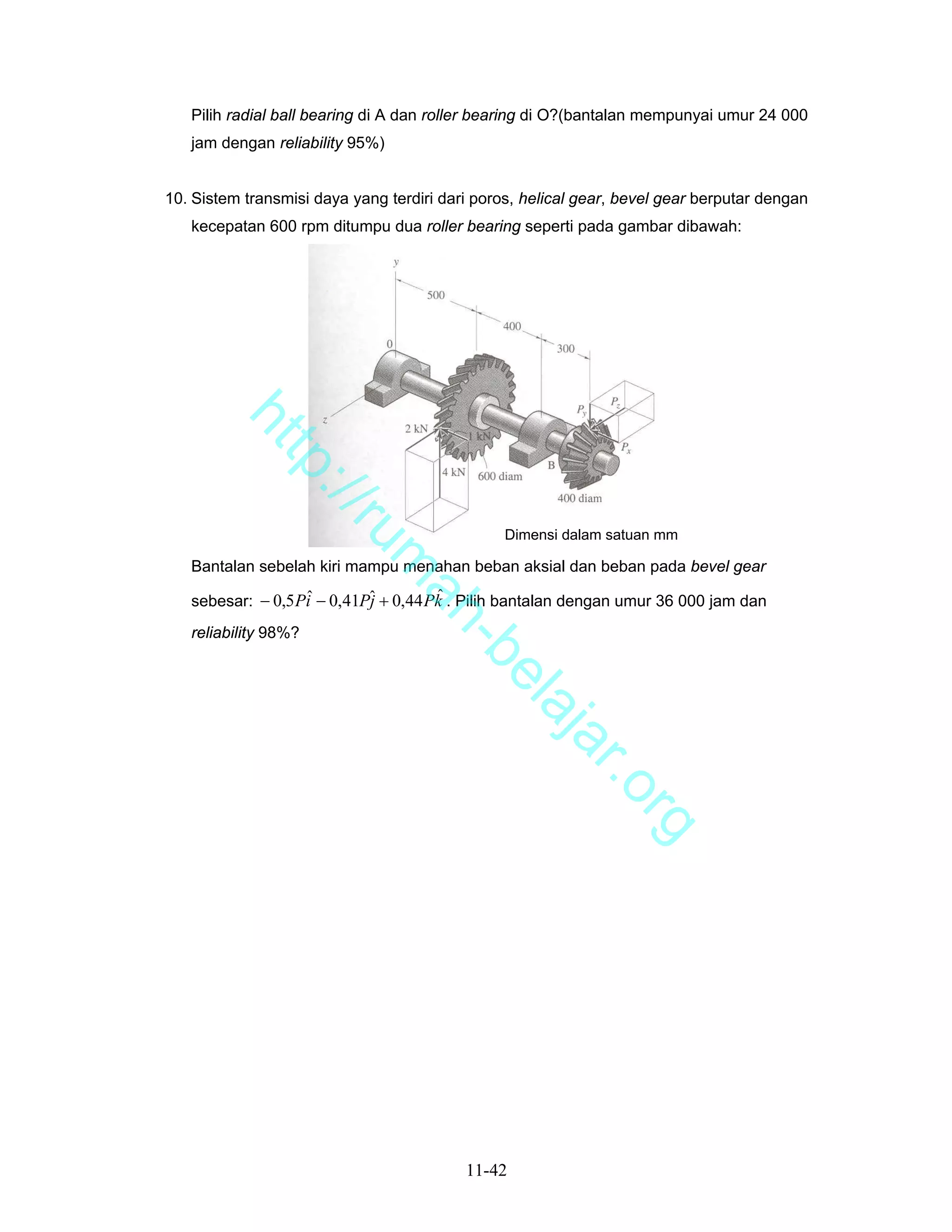 Pilih radial ball bearing di A dan roller bearing di O?(bantalan mempunyai umur 24 000
   jam dengan reliability 95%)


10. Sistem transmisi daya yang terdiri dari poros, helical gear, bevel gear berputar dengan
   kecepatan 600 rpm ditumpu dua roller bearing seperti pada gambar dibawah:
        ht
           tp
             ://
                ru


                                                Dimensi dalam satuan mm
                            m


   Bantalan sebelah kiri mampu menahan beban aksial dan beban pada bevel gear
                                      ˆ
   sebesar: − 0,5 Pi − 0,41Pˆ + 0,44 Pk . Pilih bantalan dengan umur 36 000 jam dan
                   ˆ
                             ah


                            j
   reliability 98%?
                               -b
                                 el
                                    aj
                                       a                 r.o
                                                                rg




                                          11-42
 