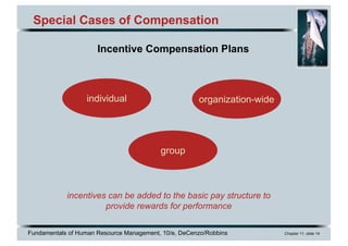 Fundamentals of Human Resource Management, 10/e, DeCenzo/Robbins Chapter 11, slide 14
Special Cases of Compensation
Incentive Compensation Plans
incentives can be added to the basic pay structure to
provide rewards for performance
individual
group
organization-wide
 