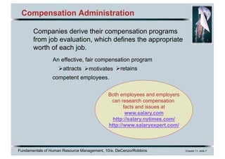 Fundamentals of Human Resource Management, 10/e, DeCenzo/Robbins Chapter 11, slide 7
Compensation Administration
An effective, fair compensation program
Companies derive their compensation programs
from job evaluation, which defines the appropriate
worth of each job.
Both employees and employers
can research compensation
facts and issues at
www.salary.com
http://salary.nytimes.com/
http://www.salaryexpert.com/
Øattracts Ømotivates Øretains
competent employees.
 
