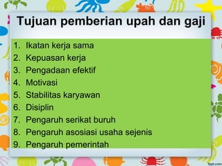 Tujuan pemberian upah dan gaji
1. Ikatan kerja sama
2. Kepuasan kerja
3. Pengadaan efektif
4. Motivasi
5. Stabilitas karyawan
6. Disiplin
7. Pengaruh serikat buruh
8. Pengaruh asosiasi usaha sejenis
9. Pengaruh pemerintah
 
