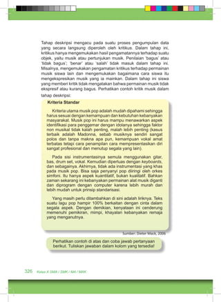 Tahap deskripsi mengacu pada suatu proses pengumpulan data 
yang secara langsung diperoleh oleh kritikus. Dalam tahap ini, 
kritikus hanya mengemukakan hasil pengamatannya terhadap suatu 
objek, yaitu musik atau pertunjukan musik. Penilaian ‘bagus’ atau 
‘tidak bagus’; ‘benar’ atau ‘salah’ tidak masuk dalam tahap ini. 
Misalnya, mengemukakan pengamatan kritikus terhadap permainan 
musik siswa lain dan mengemukakan bagaimana cara siswa itu 
mengekspresikan musik yang ia mainkan. Dalam tahap ini siswa 
yang memberi kritik tidak mengatakan bahwa permainan musik tidak 
ekspresif atau kurang bagus. Perhatikan contoh kritik musik dalam 
tahap deskripsi: 
Kriteria Standar 
Kriteria utama musik pop adalah mudah dipahami sehingga 
harus sesuai dengan kemampuan dan kebutuhan kebanyakan 
masyarakat. Musik pop ini harus mampu menawarkan aspek 
identifikasi para penggemar dengan idolanya sehingga faktor 
non musikal tidak kalah penting, malah lebih penting (kasus 
terbaik adalah Madonna, sebab musiknya sendiri sangat 
polos dan tanpa makna apa pun, kemampuan vokal amat 
terbatas tetapi cara penampilan cara mempresentasikan diri 
sangat profesional dan menutup segala yang lain). 
Pada sisi instrumentasinya semula menggunakan gitar, 
bas, drum set, vokal. Kemudian diperluas dengan keyboards, 
dan sebagainya. Akhirnya, tidak ada instrumentasi yang khas 
pada musik pop. Bisa saja penyanyi pop diiringi oleh orkes 
simfoni. Itu hanya aspek kuantitatif, bukan kualitatif. Bahkan 
zaman sekarang ini kebanyakan permainan alat musik diganti 
dan diprogram dengan computer karena lebih murah dan 
lebih mudah untuk prinsip standarisasi. 
Yang masih perlu ditambahkan di sini adalah liriknya. Teks 
suatu lagu pop hampir 100% berkaitan dengan cinta dalam 
segala aspek. Dengan demikian, kenyataan ini cenderung 
memenuhi pemikiran, mimpi, khayalan kebanyakan remaja 
yang menganutnya. 
326 Kelas X SMA / SMK / MA / MAK 
Sumber: Dieter Mack, 2006 
Perhatikan contoh di atas dan coba jawab pertanyaan 
berikut. Tuliskan jawaban dalam kolom yang tersedia! 
 