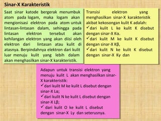 Sinar-X Karakteristik
Saat sinar katode bergerak menumbuk
atom pada logam, maka logam akan
mengionisasi elektron pada atom untuk
lintasan-lintasan dalam, sehingga pada
lintasan elektron tersebut akan
kehilangan elektron yang akan diisi oleh
elektron dari lintasan atau kulit di
atasnya. Berpindahnya elektron dari kulit
luar menuju kulit yang lebih dalam
akan menghasilkan sinar-X karakteristik.
Saat sinar katode bergerak menumbuk
atom pada logam, maka logam akan
mengionisasi elektron pada atom untuk
lintasan-lintasan dalam, sehingga pada
lintasan elektron tersebut akan
kehilangan elektron yang akan diisi oleh
elektron dari lintasan atau kulit di
atasnya. Berpindahnya elektron dari kulit
luar menuju kulit yang lebih dalam
akan menghasilkan sinar-X karakteristik.
Transisi elektron yang
menghasilkan sinar-X karakteristik
akibat kekosongan kulit K adalah:
dari kulit L ke kulit K disebut
dengan sinar-X Kα.
dari kulit M ke kulit K disebut
dengan sinar-X Kβ,
dari kulit N ke kulit K disebut
dengan sinar-X Kγ dan
Adapun untuk transisi elektron yang
menuju kulit L akan menghasilkan sinar-
X karakteristik:
dari kulit M ke kulit L disebut dengan
sinar-X Lα;
dari kulit N ke kulit L disebut dengan
sinar-X Lβ;
 dari kulit O ke kulit L disebut
dengan sinar-X Lγ dan seterusnya.
 