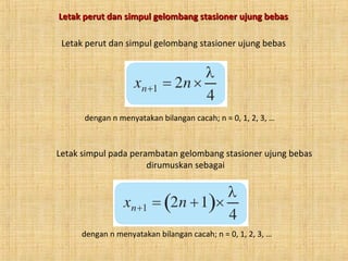 Letak perut dan simpul gelombang stasioner ujung bebasLetak perut dan simpul gelombang stasioner ujung bebas
Letak perut dan simpul gelombang stasioner ujung bebas
dengan n menyatakan bilangan cacah; n = 0, 1, 2, 3, …
Letak simpul pada perambatan gelombang stasioner ujung bebas
dirumuskan sebagai
dengan n menyatakan bilangan cacah; n = 0, 1, 2, 3, …
 