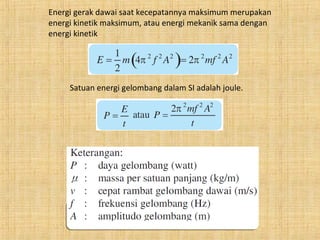 Energi gerak dawai saat kecepatannya maksimum merupakan
energi kinetik maksimum, atau energi mekanik sama dengan
energi kinetik
Satuan energi gelombang dalam SI adalah joule.
 