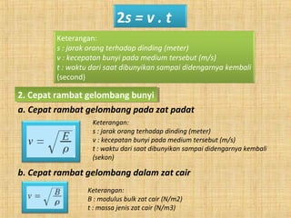 Keterangan:
s : jarak orang terhadap dinding (meter)
v : kecepatan bunyi pada medium tersebut (m/s)
t : waktu dari saat dibunyikan sampai didengarnya kembali
(second)
2. Cepat rambat gelombang bunyi2. Cepat rambat gelombang bunyi
2s = v . t
a. Cepat rambat gelombang pada zat padat
Keterangan:
s : jarak orang terhadap dinding (meter)
v : kecepatan bunyi pada medium tersebut (m/s)
t : waktu dari saat dibunyikan sampai didengarnya kembali
(sekon)
b. Cepat rambat gelombang dalam zat cair
Keterangan:
B : modulus bulk zat cair (N/m2)
t : massa jenis zat cair (N/m3)
 