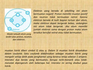Elektron yang berada di sekeliling inti atom
bermuatan negatif. Proton memiliki muatan positif
dan neutron tidak bermuatan netral. Karena
elektron berada di kulit bagian terluar dari atom,
maka elektron dapat bergerak bebas, sedangkan
inti atom tidak bergerak. Jika atom memiliki
jumlah elektron sama dengan proton maka atom
tersebut bersifat netral atau tidak bermuatan.Model sebuah atom yang
terdiri atas proton, neutron,
dan elektron.
muatan listrik diberi simbol Q atau q. Dalam SI muatan listrik dinyatakan
dalam coulomb. Satu coulomb didefinisikan sebagai muatan listrik yang
mengalir setiap detik pada penghantar yang berarus tetap sebesar 1 ampere.
Interaksi dua benda yang bermuatan, berupa tarik-menarik atau tolak-
menolak dipengaruhi oleh beberapa hal. Interaksi ini sering disebut gaya
listrik.
 