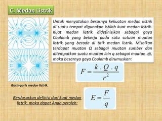 C. Medan ListrikC. Medan Listrik
Garis-garis medan listrik.
Untuk menyatakan besarnya kekuatan medan listrik
di suatu tempat digunakan istilah kuat medan listrik.
Kuat medan listrik didefinisikan sebagai gaya
Coulomb yang bekerja pada satu satuan muatan
listrik yang berada di titik medan listrik. Misalkan
terdapat muatan Q sebagai muatan sumber dan
ditempatkan suatu muatan lain q sebagai muatan uji,
maka besarnya gaya Coulomb dirumuskan:
Berdasarkan definisi dari kuat medan
listrik, maka dapat Anda peroleh:
 