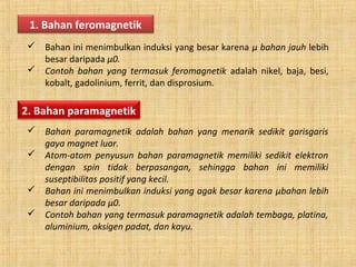 1. Bahan feromagnetik
 Bahan ini menimbulkan induksi yang besar karena μ bahan jauh lebih
besar daripada μ0.
 Contoh bahan yang termasuk feromagnetik adalah nikel, baja, besi,
kobalt, gadolinium, ferrit, dan disprosium.
2. Bahan paramagnetik
 Bahan paramagnetik adalah bahan yang menarik sedikit garisgaris
gaya magnet luar.
 Atom-atom penyusun bahan paramagnetik memiliki sedikit elektron
dengan spin tidak berpasangan, sehingga bahan ini memiliki
suseptibilitas positif yang kecil.
 Bahan ini menimbulkan induksi yang agak besar karena μbahan lebih
besar daripada μ0.
 Contoh bahan yang termasuk paramagnetik adalah tembaga, platina,
aluminium, oksigen padat, dan kayu.
 