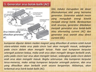 1. Generator arus bolak-balik (AC)1. Generator arus bolak-balik (AC)
kumparan diputar dalam medan magnet yang dihasilkan di antara celah kutub
utara-selatan maka arus pada cincin luar akan mengalir masuk, sedangkan
pada cincin dalam akan mengalir keluar. Pada saat kumparan berputar
setengah putaran kedua, maka arah arus akan mengalir dengan berbalik arah,
yaitu pada cincin luar arus akan mengalir keluar, sedangkan pada cincin dalam
arah arus akan mengalir masuk. Begitu seterusnya. Jika kumparan berputar
terus-menerus, maka setiap kumparan berputar setengah putaran, dan arus
yang dihasilkan akan berbalik arah secara bergantian. Akibatnya, akan
terbentuk arus listrik bolak-balik (AC).
GGL induksi merupakan ide dasar
ditemukannya alat yang bernama
generator. Generator adalah mesin
yang mengubah energi kinetik
menjadi energi listrik. Berdasarkan
arah arusnya, generator dibedakan
menjadi generator arus bolak-balik
atau alternating current (AC) dan
generator arus searah atau direct
current (DC).
Arus induksi yang
dihasilkan generator
AC.
 