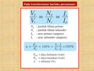 Pada transformator berlaku persamaan:
 