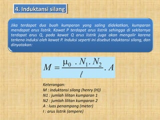 Keterangan:
M : induktansi silang (henry (H))
N1 : jumlah lilitan kumparan 1
N2 : jumlah lilitan kumparan 2
A : luas penampang (meter)
I : arus listrik (ampere)
4. Induktansi silang4. Induktansi silang4. Induktansi silang4. Induktansi silang
 