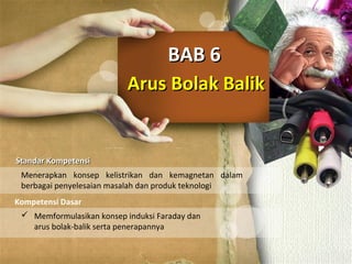 Arus Bolak BalikArus Bolak Balik
BAB 6BAB 6
Standar KompetensiStandar Kompetensi
Kompetensi Dasar
Menerapkan konsep kelistrikan dan kemagnetan dalam
berbagai penyelesaian masalah dan produk teknologi
 Memformulasikan konsep induksi Faraday dan
arus bolak-balik serta penerapannya
 