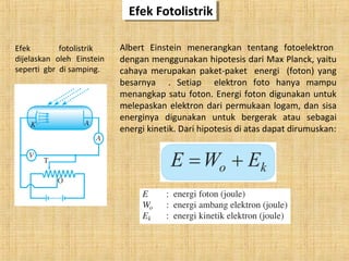 Efek FotolistrikEfek Fotolistrik
Efek fotolistrik
dijelaskan oleh Einstein
seperti gbr di samping.
Albert Einstein menerangkan tentang fotoelektron
dengan menggunakan hipotesis dari Max Planck, yaitu
cahaya merupakan paket-paket energi (foton) yang
besarnya . Setiap elektron foto hanya mampu
menangkap satu foton. Energi foton digunakan untuk
melepaskan elektron dari permukaan logam, dan sisa
energinya digunakan untuk bergerak atau sebagai
energi kinetik. Dari hipotesis di atas dapat dirumuskan:
 