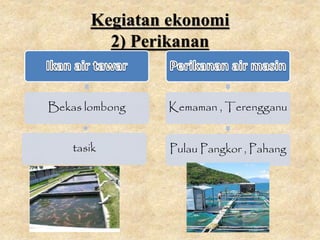 Kegiatan ekonomi
2) Perikanan
Bekas lombong
tasik
Kemaman , Terengganu
Pulau Pangkor , Pahang
 
